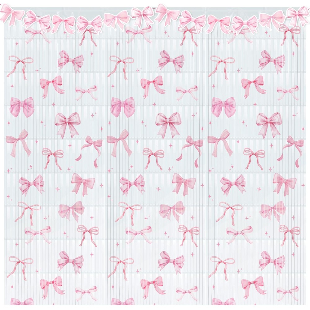 3 PCS Pink Bow Tinsel Foil Fringe Curtains Backdrop 3.3×6.6 Ft Party Streamer