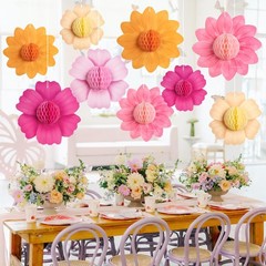 9PCS Hot Pink and Orange Party Decorations Paper Flowers Honeycomb Hanging Large