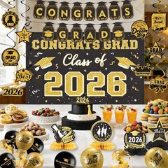 s 2026 Black Gold Set, Congrats Grad Class of 2026 Banner, 2026 Backdrop, Bal…