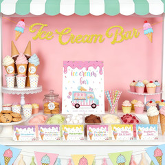 Ice Cream Party Decorations Set, Ice Cream Bar Banner with Table Signs & Topping