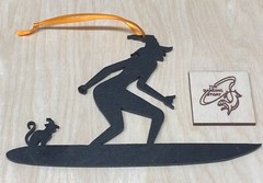 halloween / Surfing Hanging Witch & Cat. Laser Cut Painted Plywood. With Ribbon.