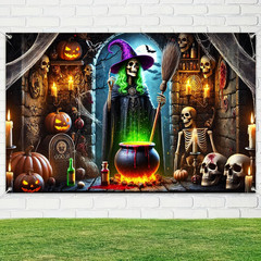 Halloween Witch Banner 71X43 Inch Backdrop with Glowing Pumpkins, Skeletons, Cau