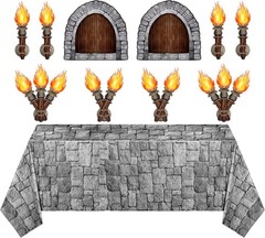 Medieval Party Decoration Set: 11 Pieces with Self-Adhesive Window & Torch Props