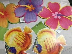 New Luau party wall decorations 2 sided hibiscuflowers tropical fish cut outs