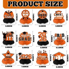12 PCS Orange Black Graduation Decorations Honeycomb Centerpiece 2026