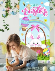Happy Easter Door Cover, Large Fabric Bunny Door Banner, Easter Egg Decoratio…
