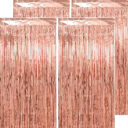 Tinsel Foil Fringe Curtain Backdrop – 38.4″W x 98.4″L (Pack of 4) Rose Gold