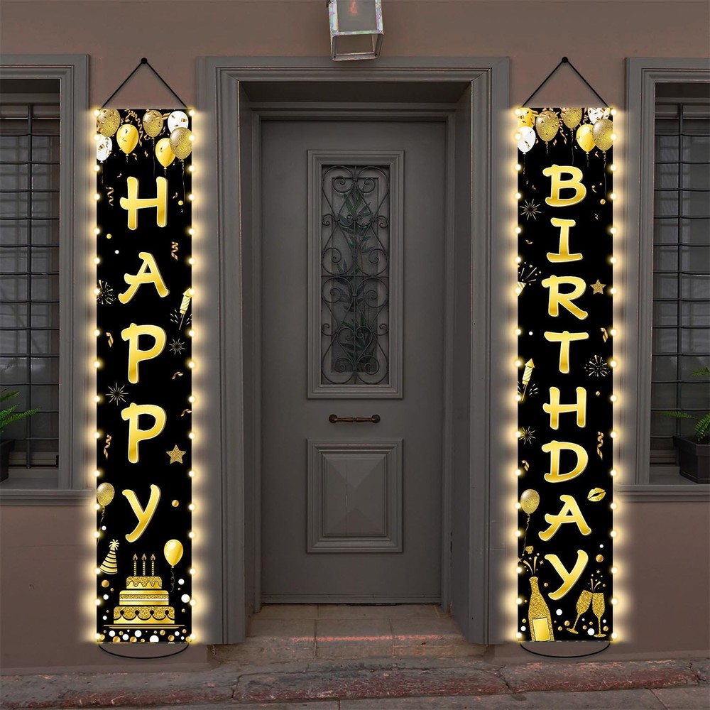 Black Gold Happy Birthday Door Banner Lighted Decorations for Men Women Happy Bi