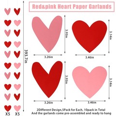 10 Pack Valentines Red Pink Heart Hanging Garland Banners Paper Heart Hanging St