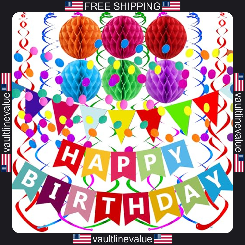 Fecedy Happy Birthday Banner With Colorful Paper Flag Bunting Paper Circle