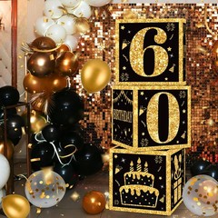 60th Birthday Decorations Boxes for Men- 3PCS Black Gold Happy 60th Birthday …