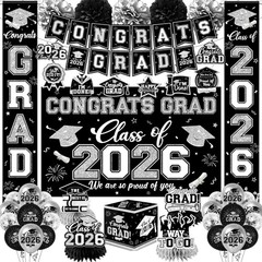 Black and Silver Graduation Decorations 2026 Set, All-In-1 Kit with Congrats Gra