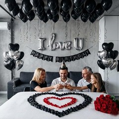 Black Silver Romantic Special Night Decorations with I Love You and Heart Bal…