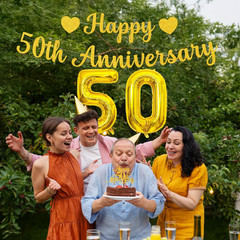 50th Anniversary Party Decorations Includes Gold Glitter Banner,Cake Topper,32-I
