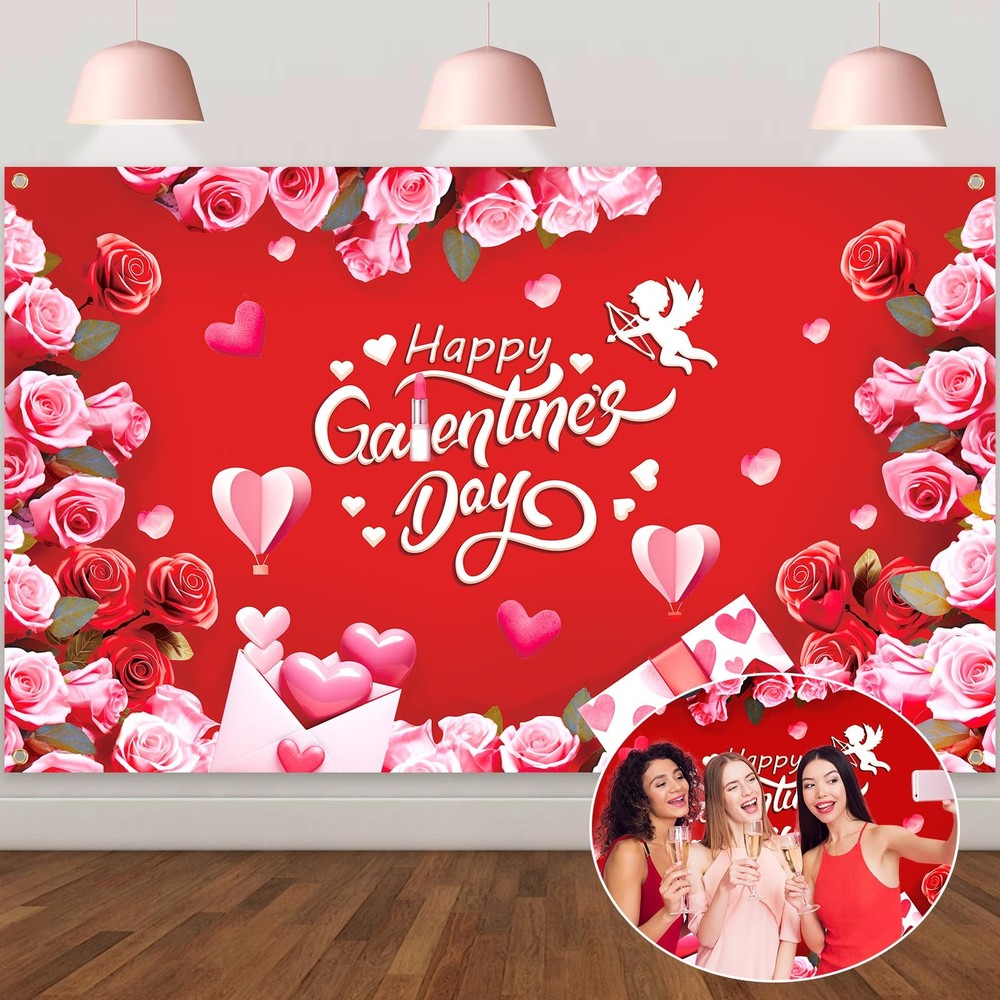 Large 71 X 43 Inch Happy Galentines Day Backdrop Banner, Red Pink Galentines Day