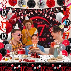 17th Decorations for Boys Girls Red and Black, Happy 17th Backdrop Banner, 17…