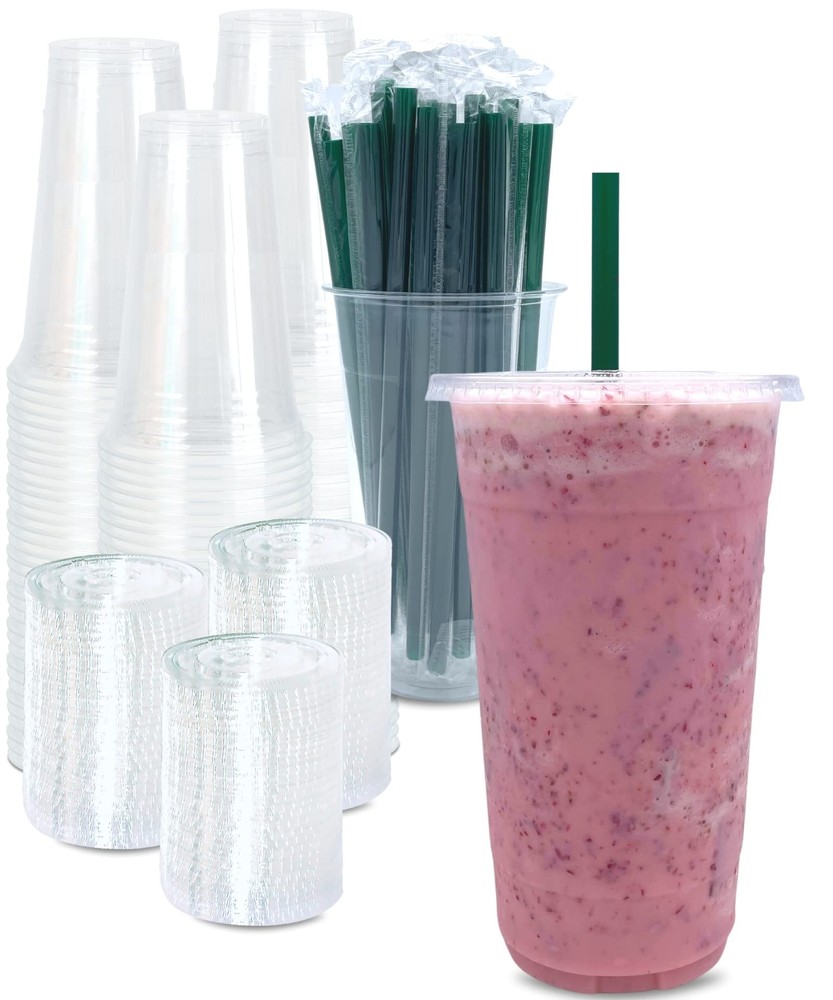 [100 SETS] 32 oz Clear Plastic Cups with Lids and STRAWS, Disposable Drinking…