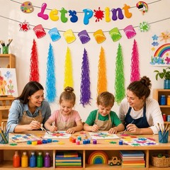 Rainbow Paint Splatter Kids Party Banner Set Hanging Swirl Decorations