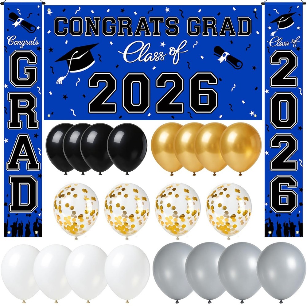 23 Pcs Blue 2026 Graduation Decor Set: Banner, Backdrop, Balloons & More!