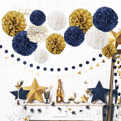 Wedding Party Decorations – 12 PCS Navy Blue and Gold Tissue Paper Pom Poms for