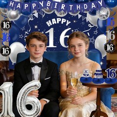 Blue Silver 16th Birthday Decorations for Boys Girls, Sweet 16 Party Decorati…