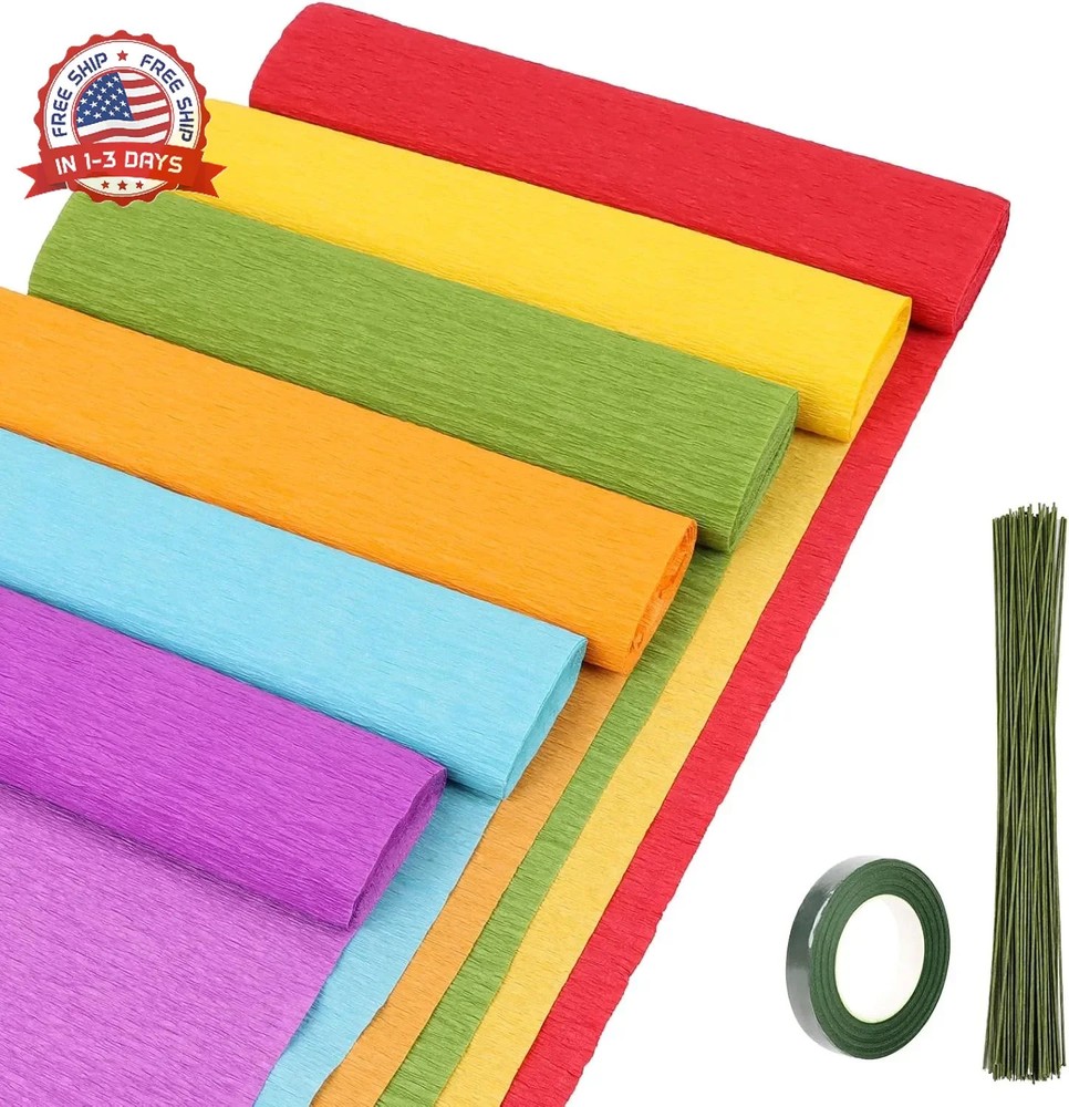 KIMOBER 6 Colors Crepe Paper Rolls,10×98 Inch Crepe Paper Sheets with 50 Pcs Flo