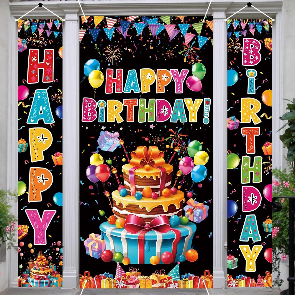 3 PCS COLORFUL HAPPY BIRTHDAY BANNER DOOR COVER PORCH SIGN PHOTOGRAPHY BLACK BAC