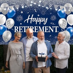 Blue Silver Happy Retirement Banner Large Retirement Party Banner Backdrop for I
