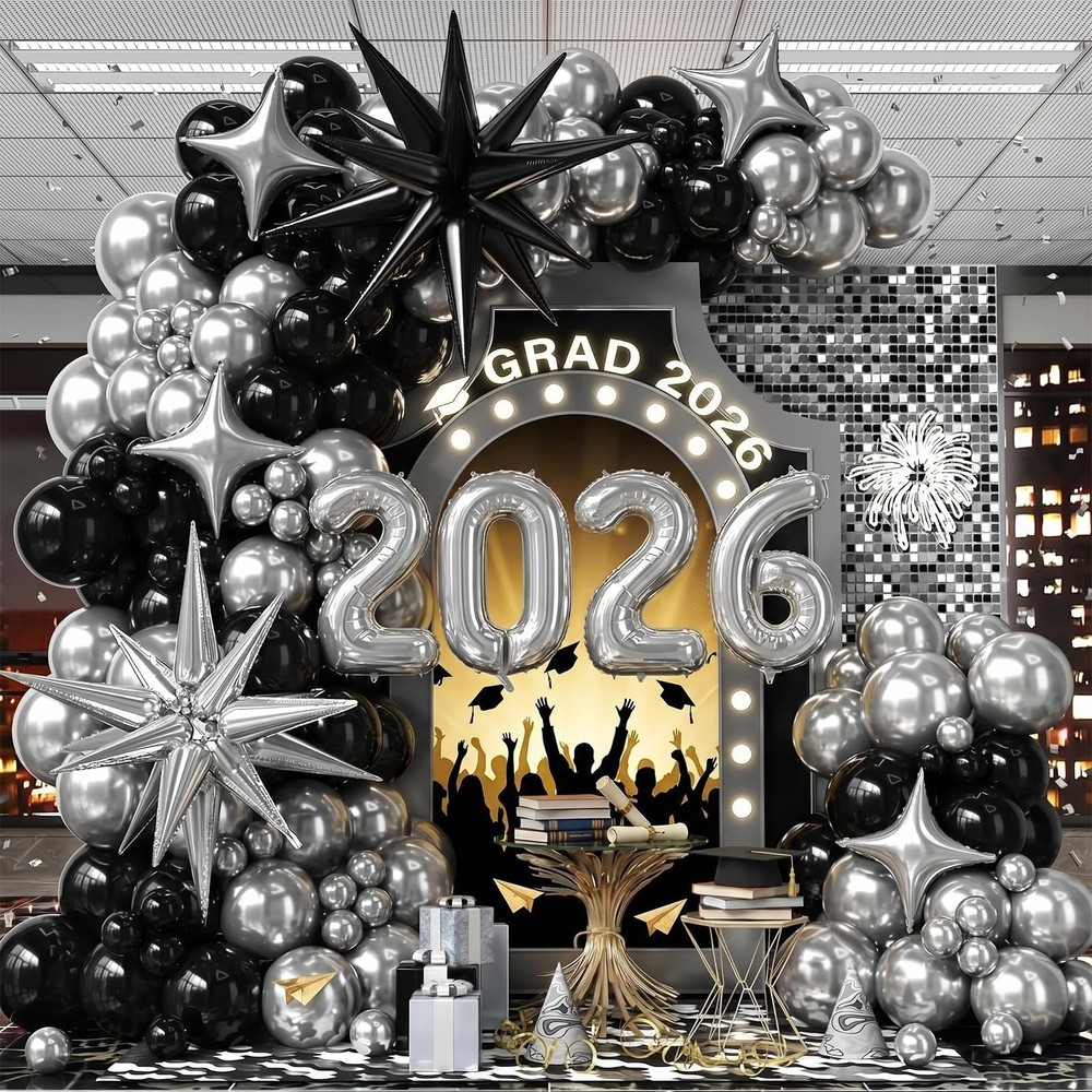 Black and Silver Balloon Arch Kit 2026 graduation Balloon Garland Numbers 202…