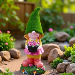 Solar Powered Resin Gnome Girl Statue Garden Ornament with Light Effect