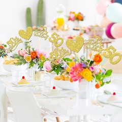 12 PCS Gold Glitter 50th Anniversary Centerpiece Sticks Double Sided Heart