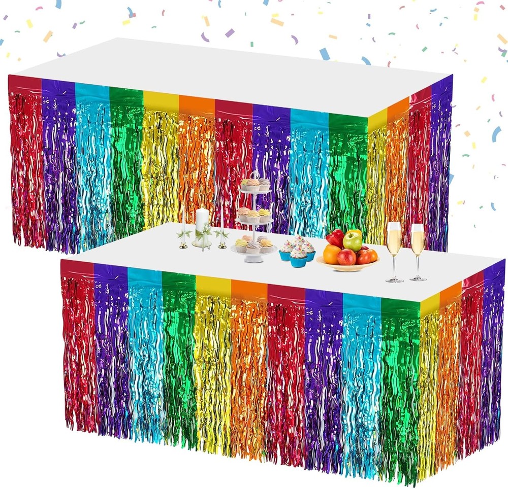 2 Pack 29.5×108 Inch Rainbow Foil Fringe Tinsel Table Skirts Disposable Table