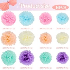 16 PCS Pastel Party Decorations Pom Poms Paper Flowers Wedding Bridal Shower