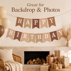 Happy Birthday Banner, Boho Neutral Beige Brown Canvas Faux Burlap Garland, Pre-
