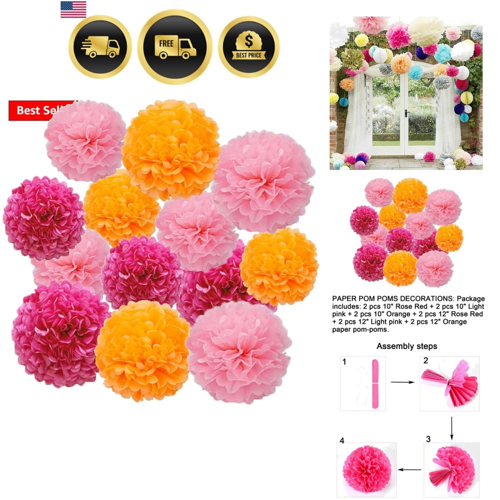 12pcs Rose Red,Light Pink and Orange Paper Pom Poms Decorations for Party Cei…