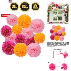 12pcs Rose Red,Light Pink and Orange Paper Pom Poms Decorations for Party Cei…