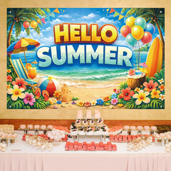 Hello Summer Banner, Tropical Beach Photo Backdrop for Summer Party Decorations,