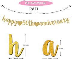 Happy 50TH Anniversary Banner Sign Gold Paper Glitter Party Decorations for 50TH