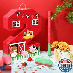 Hungdao Farm Birthday Piñata Number Piñata with Blindfold Bat and Confetti Fa