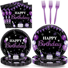 96Pcs Purple and Black Birthday Decorations Happy Birthday Party Supplies Tablew
