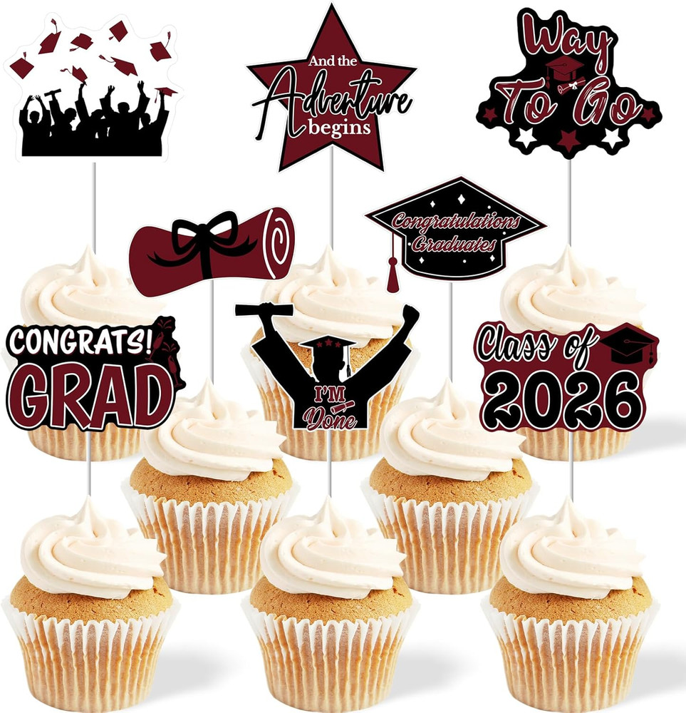 2026 Graduation Cupcake Toppers – 48 Pcs Maroon Graduation Party Supplies Mini C