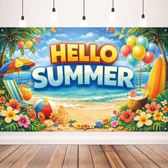 Hello Summer Banner, Tropical Beach Photo Backdrop for Summer Party Decorations,