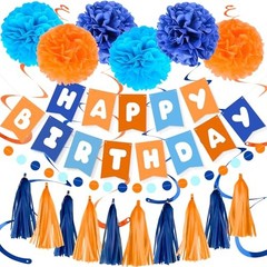 Orange Blue Birthday Decorations Set for Boys Men Women, Happy Birthday Banner
