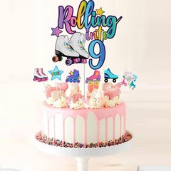 7Pcs Rolling into 9 Cake Toppers Set, Roller Skate, 9th Birthday, Retro, Girl