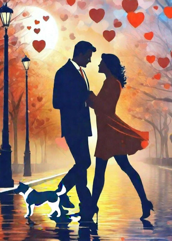 Valentines Day Man And Woman With Dog Romantic Setting