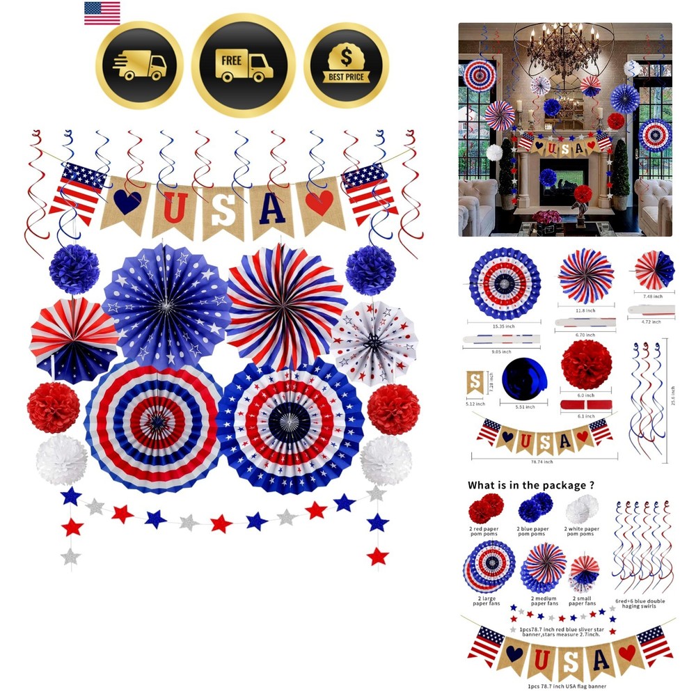 26Pcs Patriotic Decorations 4th of July Decorations LOVE Banner Red White Bl…
