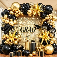 Graduation Balloon Arch Kit 2026, 149pcs black and gold Balloons with Star, B…