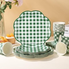Green Gingham Plaid Party Tableware Set (Plates, Cups, Napkins, Utensils)
