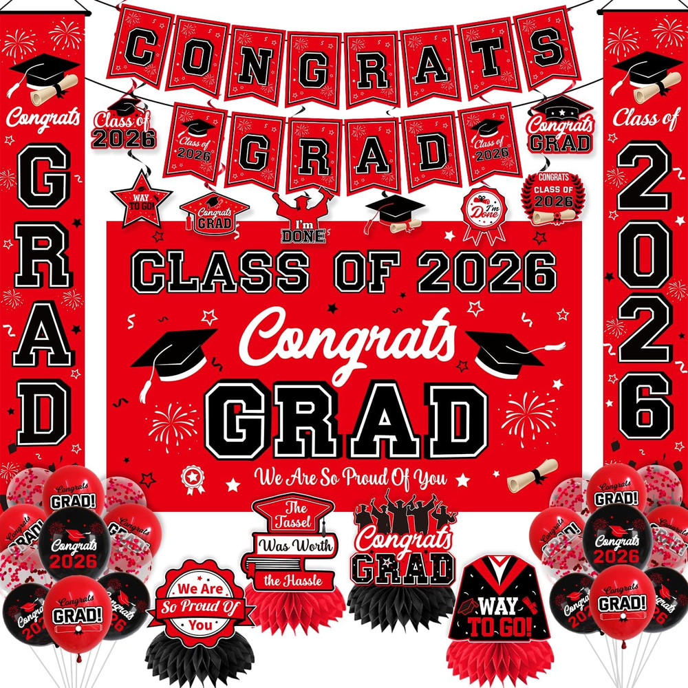 Graduation Decorations Red and Black Party Decor Set Include Congrats Grad