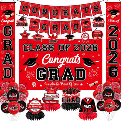 Graduation Decorations Red and Black Party Decor Set Include Congrats Grad